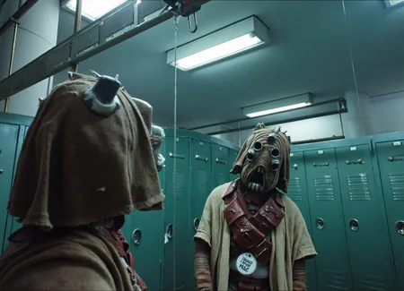 {"T5": ",Highly detailed photorealistic photograph of a Tusken Raider from Star Wars, mid-30s, with a frightened and horrified expression, wearing weathered leather armor and a cracked visor, standing in a dim gym locker room. The Raider's tattered shirt is visibly worn backward, revealing a fabric tag at his throat. Fluorescent lights cast harsh shadows across metallic lockers and steam-hazed walls. Low-angle shot emphasizing the Raider's distorted reflection in a nearby mirror,\u9075\u5faa shoulder-to-ankle modest attire with cracked textures on armor, and chaotic composition using the rule of thirds.,", "CLIP-L": ",Tusken Raider,Star Wars, photorealistic, frightened expression, horrified, shirt on backwards,clothing tag at throat,gym locker room,weathered leather armor,cracked visor,fluorescent lighting,metallic lockers,steam haze,low angle shot,rule of thirds composition,modest attire,"}
<lora:Tusken_Raiders_-_Star_Wars_Flux:1.0>