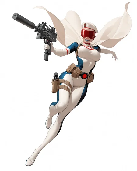 solo, (full body shot, wide shot:1.2), 1girl, (30 year old Russian woman:1.2), beautiful female cyborg spy, fair skin, (white with light blue accents superhero bodysuit with armor padding:1.3), white body armor vest, thigh pistol holsters, white cloak, white military beret, cyborg, cybernetic seams, utility belt, blue eyes, epic red visor, long blonde hair, hair bun, white arm length gloves, slim waist, (toned body:1.1), (large breasts:1.2), wide hips, ultra detailed face, (blue lips:1.2), confident closed mouth smile, strong jaw line, white thigh high superhero boots, (shooting a uzi machine pistol with a suppressor:1.2), white background, (dynamic pose, dynamic composition, dynamic angle:1.2), digital painting, masterpiece, best quality, very awa, absurdres, 8k, comic art style, <lora:NOOB_vp1_detailer_by_volnovik_v1:0.6> <lora:noobai_vpred_1_aqm_complete_v3:0.3> masterpiece, best quality, very aesthetic <lora:HyperdetailedColoredPencilIl:0.3> ArsMJStyle, Colored pencil hyperdetailed realism <lora:ponyv6_noobE11_2_adamW:0.3> <lora:illustriousXL_stabilizer_v1.7:0.4> <lora:Comics_IllustriousXL_Lora:0.3> C0M1C5 Style <lora:Superhero_Aesthetic_Illustrious:0.3> SUP3RH3R0 Style, comic art style, <lora:Carlos GomezStyleilluLYCO:0.3> cgstyle, (borderless), <lora:ppw_v7_Illuv1.0_1_r2:0.2>, <lora:anatomy_helper:1> <lora:Uzi_-_Machine_Pistol:0.5>