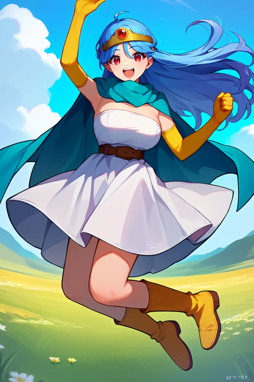 score_9, score_8_up, score_7_up, score_6_up, source_anime, BREAK 1girl, solo, <lora:dq3sage-pdxl-nvwls-v1-000006:1> dq3sage, blue hair, red eyes, long hair, circlet, blue cape, white dress, strapless, belt, elbow gloves, yellow gloves, yellow boots, big breasts, happy, jumping, blue sky, field, dynamic pose, looking at you