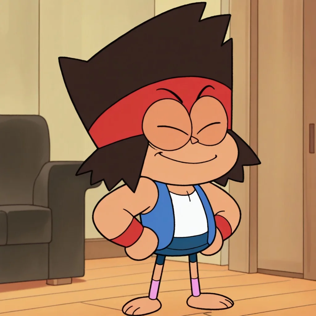 masterpiece, best quality, amazing quality, kaiok, male, human, young, solo, tan skin, brown hair, black eyes, barefoot, short, red headband, red wristbands, blue sleeveless jacket, white tank top, blue shorts, pink legwarmers, hands on hips, closed eyes, smirk, indoors, living room
