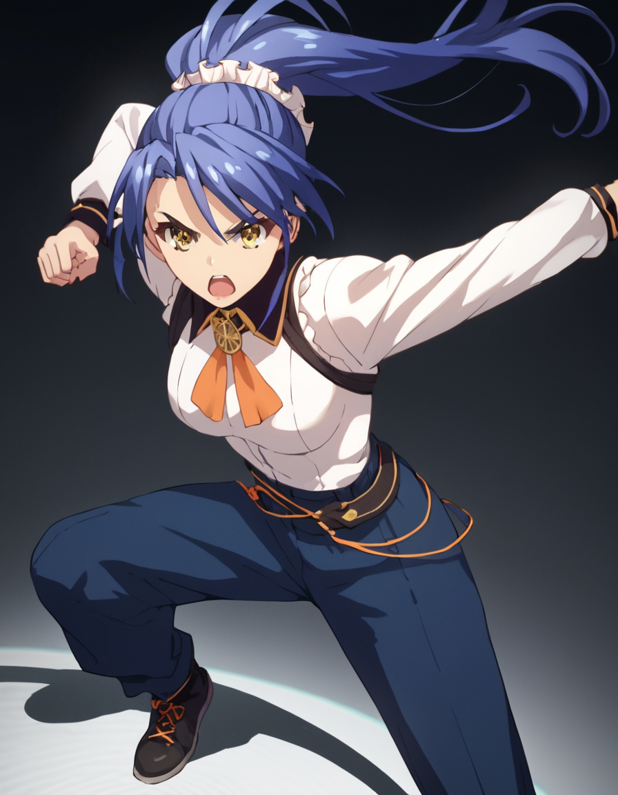 score_9, score_8_up, score_7_up, score_6_up, score_5_up, score_4_up, source_anime,  Kurumi, long hair, blue hair, yellow eyes, ponytail, , action pose