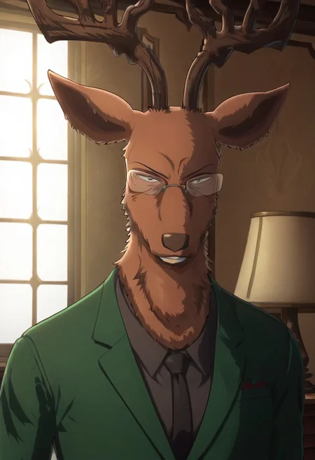 score_9_up, score_8_up, score_7_up, Masterpiece, best quality, high quality, detailed, male, solo male, 1boy, Oguma, mature male, anthro, deer, reddish brown body, black eyes, beastars, antlers, animal ears, broad shoulders, athletic build, glasses, looking at viewer, scowl, gray shirt, black tie, green suit, half body, volumetric lighting, standing, office, standing near window