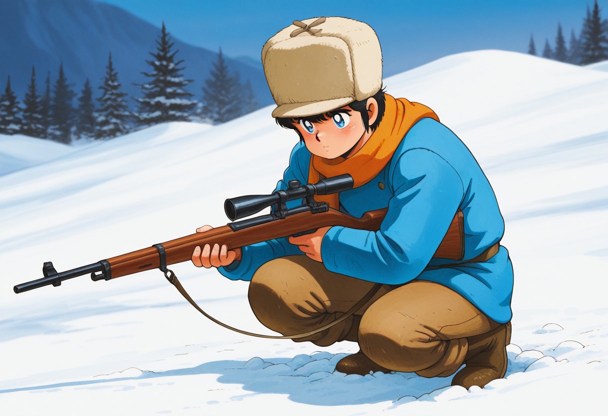 masterpiece, best quality, amazing quality, very aesthetic, absurdres, intricate details, vibrant colors, 1980s \(style\), svcc, traditional medium, male focus, Corio, 1boy, solo, short hair, fur hat, blue eyes, bangs, black hair, aged up, orange scarf, blue long sleeves, button, boots, brown long pants, a teen boy hunting in the snow, rifle, gun, hold, holding weapon, snow fall, stoic expression, scenery, innocence lost,