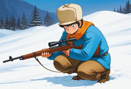masterpiece, best quality, amazing quality, very aesthetic, absurdres, intricate details, vibrant colors, 1980s \(style\), svcc, traditional medium, male focus, Corio, 1boy, solo, short hair, fur hat, blue eyes, bangs, black hair, aged up, orange scarf, blue long sleeves, button, boots, brown long pants, a teen boy hunting in the snow, rifle, gun, hold, holding weapon, snow fall, stoic expression, scenery, innocence lost,