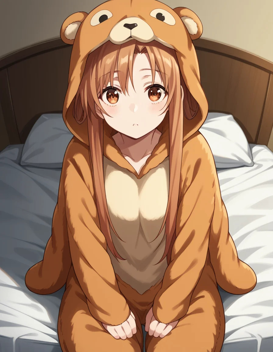score_9, score_8_up, score_7_up, source_anime, asunayuuki, <lora:asuna-yuuki-s1-ponyxl-lora-nochekaiser:1>, asuna yuuki, long hair, brown hair, brown eyes,, <lora:kigurumi-ponyxl-lora-nochekaiser:1>, kigurumi, animal hood, animal costume, cosplay, rabbit costume, dragon costume, bear costume, dinosaur costume, sheep costume, cat costume, dog costume, panda costume, tiger costume,, indoors, bed, bed room, sitting, , looking at viewer, solo, cowboy shot, dutch angle