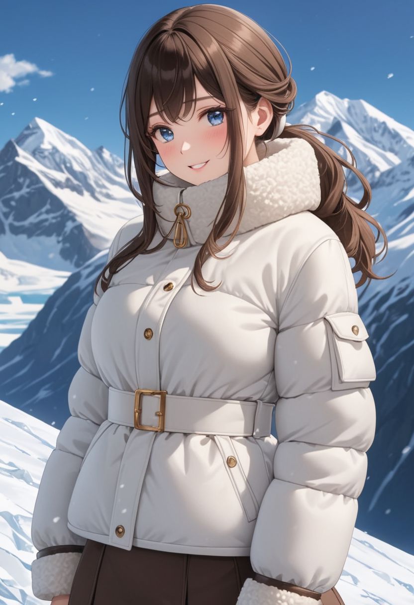 ((((white Oversized shearling down jacket)))), ((((white Oversized shearling puffer jacket)))), ((((white Oversized shearling winter clothes)))), ((((very very cold, in cold)))), ((((semi-realistic)))), ((((puffer hood)))), ((medium knee office skirt, pantyhose, boots)), ((((full length shot)))), ((sharp eyelid, eyeliner, eyelashes, beautiful detailed eyes, tsurime, long messy brown hair, blue eyes, perfect anatomy)), detailed fingers, solo, smile, standing, icefield, ((((masterpiece)))), ((((best quality)))), ((intricate details)), RAW, 8K UHD, (1girl), office lady, detailed face, beautiful face, charming, bonny, (((blush))), (((heavy breathing))), (((feels orgasm))), wind, (Thick padded collar:1.4), (TSH:1.4), (Thick padded cuffs:1.4)