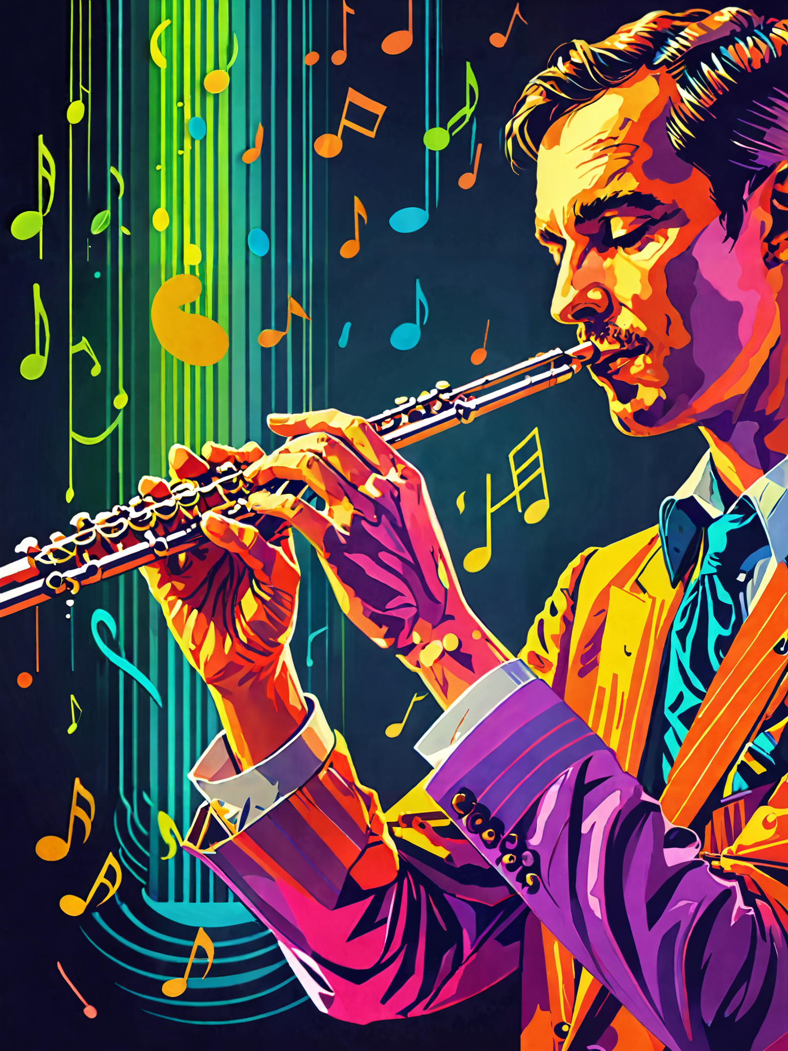 man playing flute  music notes  , art deco<lora:add-detail-xl:1> extreme detail, high quality , dayglo  colors, flat colors <lora:hand 4:1>