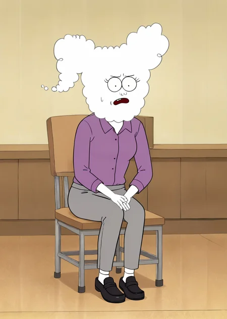 score_9, score_8_up, score_7_up, score_6_up, <lora:Regular_Show_Style:0.6>, regularshow, Detailed Background, BREAK
<lora:CJXLv5:0.5>, 1girl, CJ, BREAK
Purple shirt, grey sweat pants, black loafers, sitting in chair, study,