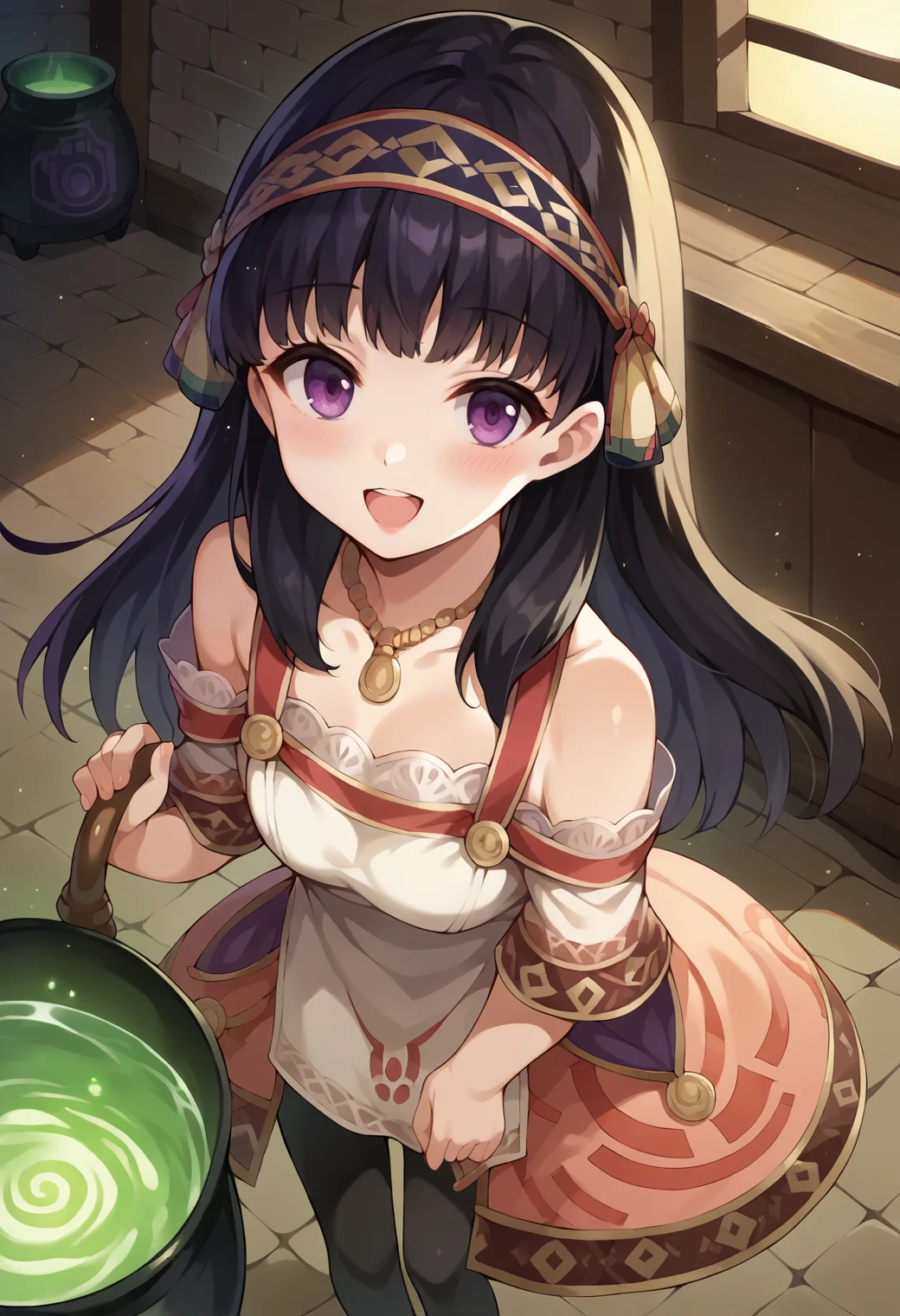 score_9, score_7_up, hd, (ultra hd quality details), source_anime, indoors, light particles,
solo, 1girl, atslstera, long hair, hairband, purple eyes,
slsteradef, print dress, necklace, off-shoulder dress, bare shoulders, black pantyhose,
looking at viewer, blush, smile,
from above, standing, open mouth, cauldron,
<lora:_shallistera_argo-elesico-ponyB:1>