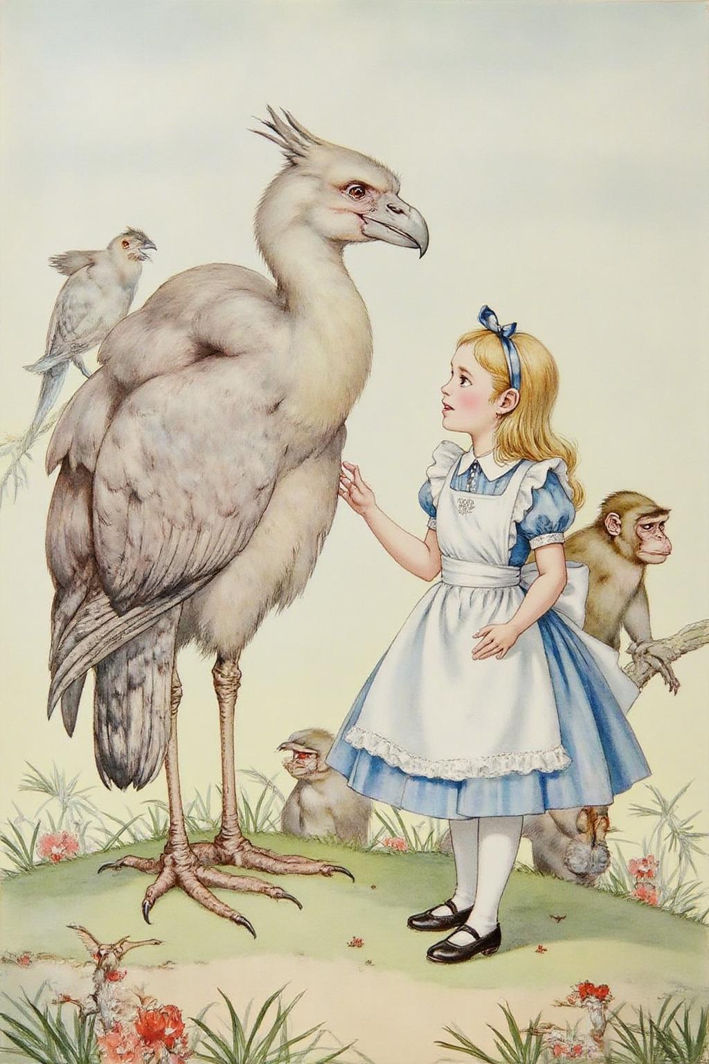 detmo1d watercolor painting.
joten1. A fantastical encounter between a young girl, Alice, and a giant, prehistoric-looking bird. Alice, wears a blue and white striped dress, a white apron, and white stockings. She is talking with a anthropomorphic Dodo bird. There are other birds and and a monkey behind them.  <lora:detmold1_cap_d6a3e13:1.0><lora:831797632075611205:0>