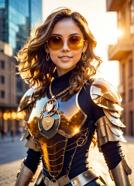 cybrk, A young woman outdoors during what appears to be the golden hour. She wears round, amber-tinted sunglasses and has wavy, long brown hair that flows freely. The woman is adorned with a necklace with a pendant and large hoop earrings. The background is blurred, emphasizing the woman, and suggests an urban setting with buildings., highly detailed, exciting <lora:cybrk-knight:1.8>