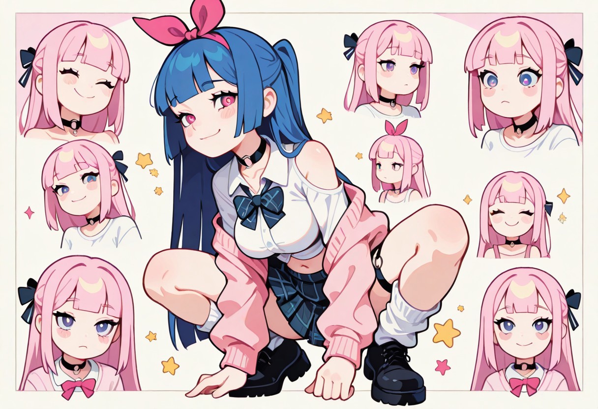 1 girl , solo , blushing , closed mouth , bratty smile , eyelashes , cute , long straight hair , blunt bangs , winking , star , ribbon , hair ribbon , 
 large breasts, slim , slender , navel , 
thigh strap, choker, o-ring choker, pink cardigan, bowtie, white shirt, shirt open, tucked in, plaid skirt, pleated skirt, bare shoulder, white socks, loose socks, black footwear, 
squatting, 
masterpiece, best quality ,amazing quality ,S4bit4mago_illu , Protoneon  ,s0wasow4rt_illu, t1m3r