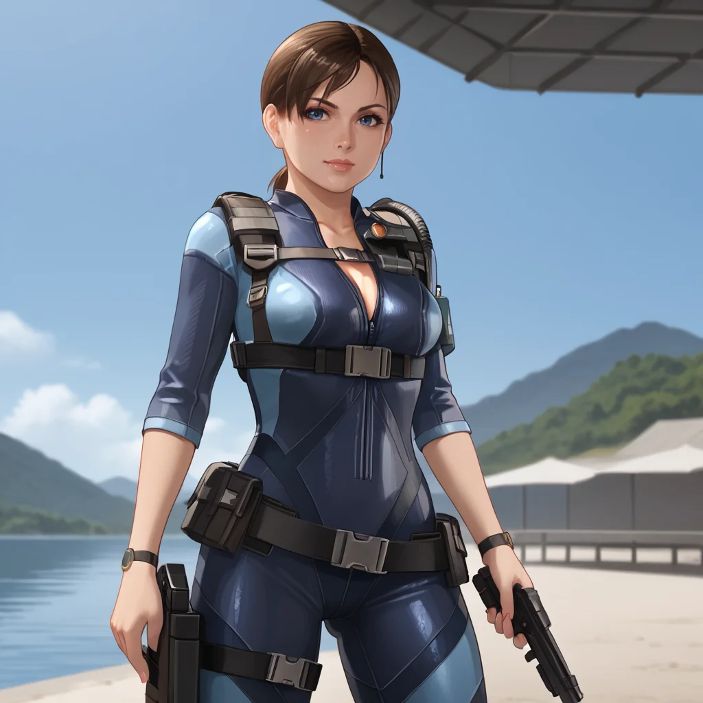 <lora:jillvalentinerevelations_pony_v1:.7>  JillValentineResidentEvilRevelations, 1girl, blue eyes, jill valentine, bodysuit, brown hair, thigh holster, short hair, belt, breasts, cowboy shot