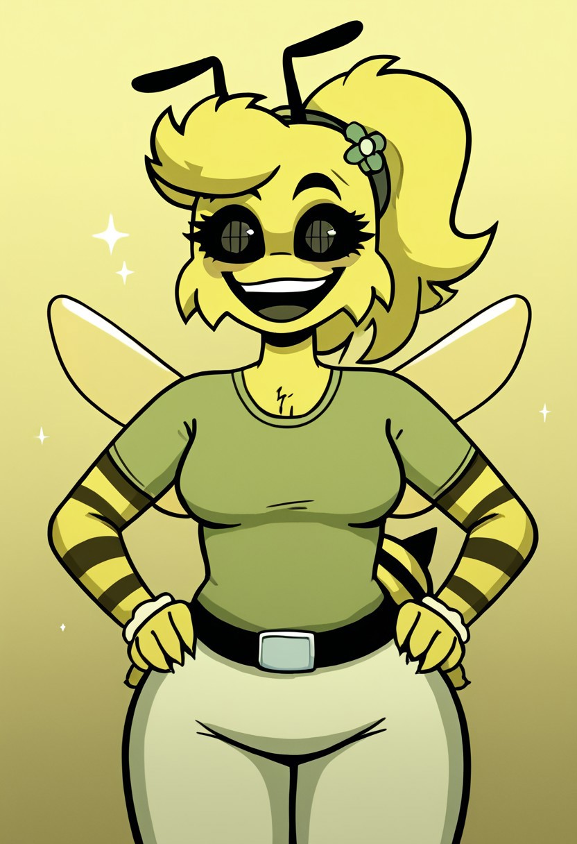 score_9, score_8_up, score_7_up BREAK source_anime, high quality, best quality, masterpiece, bwesweesbizznip, mustardbweswees, 1girl, solo, ponytail, athropod girl, bee, bee girl, stinger, wings, yellow fur, hair flower, hair ornament, colored sclera, black sclera, anthro, antennae, t-shirt, shirt, pants, belt, cowboy shot, smile, hands on hips, looking at viewer, :D, open mouth, gradient background, yellow background