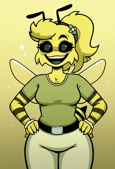 score_9, score_8_up, score_7_up BREAK source_anime, high quality, best quality, masterpiece, bwesweesbizznip, mustardbweswees, 1girl, solo, ponytail, athropod girl, bee, bee girl, stinger, wings, yellow fur, hair flower, hair ornament, colored sclera, black sclera, anthro, antennae, t-shirt, shirt, pants, belt, cowboy shot, smile, hands on hips, looking at viewer, :D, open mouth, gradient background, yellow background