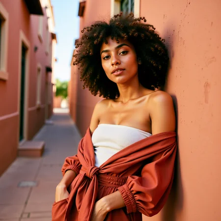 Ultra quality, ultra realistic, ultra detailed skin textures and colors, in a sun-drenched alley in Marrakesh, a striking woman leans casually against a hand-painted ochre wall, wearing a rust-toned linen jumpsuit by Mara Hoffman with the sleeves tied around her waist, revealing a crisp white bandeau. Her skin glows with golden undertones, with a faint sheen of sweat at her collarbones. Her half-body portrait is captured with a Leica SL2-S mounted with a vintage Leica R 90mm Summicron on Portra 800, carefully metered for highlights to retain deep midtone skin detail. Lighting is shaped with a bounce board held low to return warm street light onto her neck and chest, while a black flag behind camera absorbs ambient spill, deepening shadows around her waist. Her expression is relaxed but charged, like sheâs just said something witty off-cameraâreal, grounded, cinematic.
<lora:Detailed Skin&Textures Flux V3:0.7> dsv4