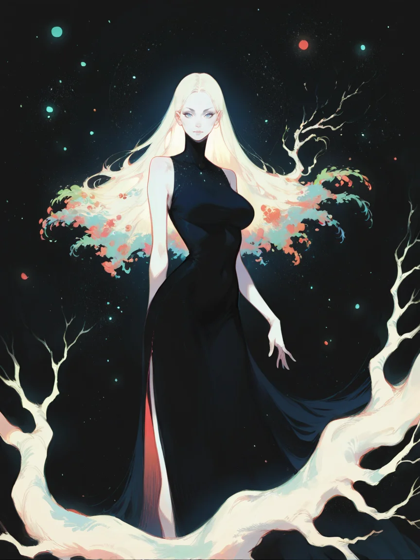 score_9, score_8_up, score_7_up, score_6_up, score_5_up,    <lora:watXLP:0.7> wat, 1girl, solo, black background, blue eyes, white skin, looking at viewer, tree, abstract, curvy, starry sky, long hair, black dress