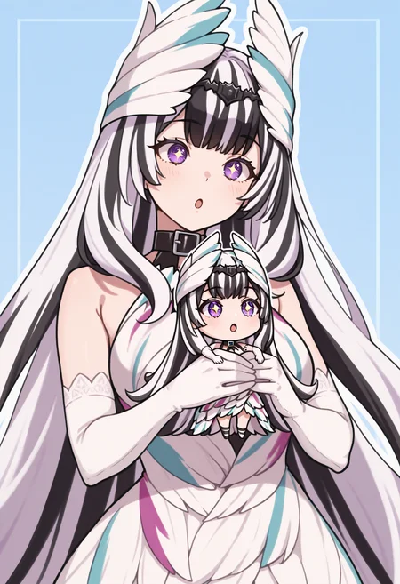masterpiece, best quality, 1girl, holding chibi, sparkling eyes, :o, <lora:VeyleFE-illu:1> dfVeyl, streaked hair, white hair, black hair, feather hair ornament, tiara, very long hair, purple eyes, black choker, feather dress, sleeveless dress, white gloves, elbow gloves, blue background, white outline