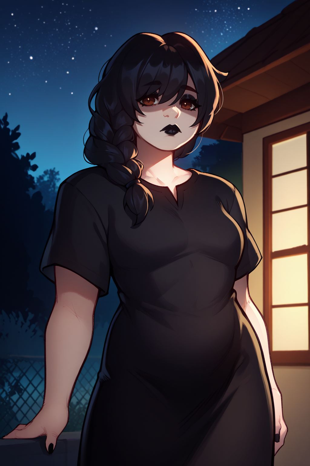 score_9, score_8_up, score_7_up, BREAK 1girl, solo <lora:NSMarnieStardew:1> NSMarnieStardew, single braid, brown eyes, black hair, black dress, black eyeshadow, black lipstick, black t-shirt, black skirt, night, bangs over eyes, expressionless face, looking at the viewer