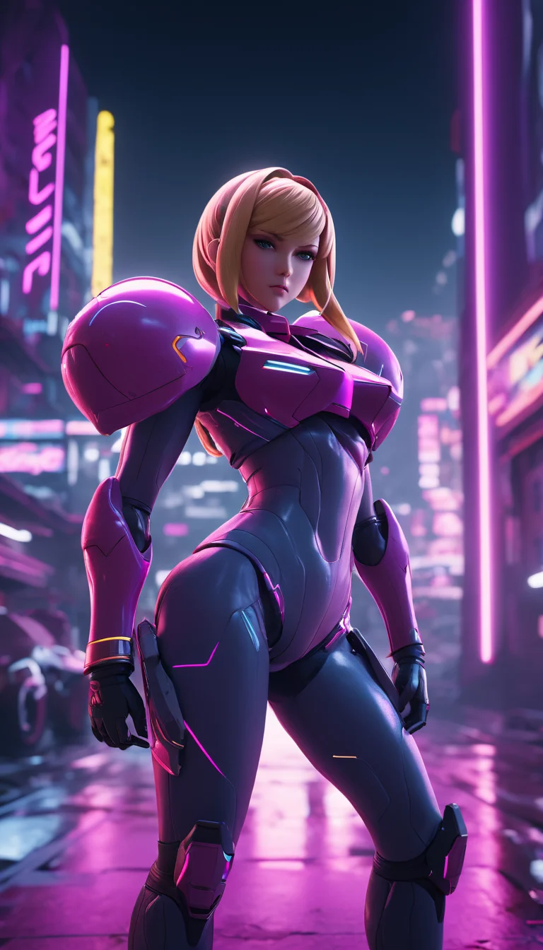 neonpunk style Cinematic scene, hero view, Samus Aran, action pose, detailed background, masterpiece, best quality, high quality, highres, absurdres <lora:samus_aran_xl_v1:1> . cyberpunk, vaporwave, neon, vibes, vibrant, stunningly beautiful, crisp, detailed, sleek, ultramodern, magenta highlights, dark purple shadows, high contrast, cinematic, ultra detailed, intricate, professional