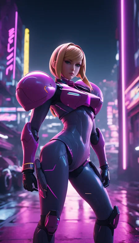 neonpunk style Cinematic scene, hero view, Samus Aran, action pose, detailed background, masterpiece, best quality, high quality, highres, absurdres <lora:samus_aran_xl_v1:1> . cyberpunk, vaporwave, neon, vibes, vibrant, stunningly beautiful, crisp, detailed, sleek, ultramodern, magenta highlights, dark purple shadows, high contrast, cinematic, ultra detailed, intricate, professional