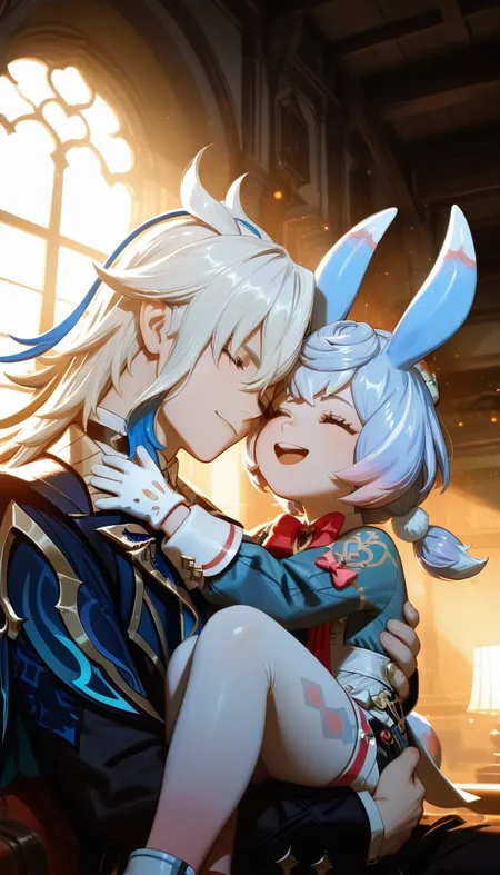 (masterpiece, best quality), amazing quality, very aesthetic, absurdres, highres, ultra detailed, best anatomy, 2024, newest, HDR, 8K, high detail RAW color art, high contrast, large pupil, eyelashes, shiny skin, detailed background, strong coloring, masterful shading, great depth,
neuvillette \(genshin impact\), princess carry, sigewinne \(genshin impact\), happy, smile, round teeth, heads together, upper body, face focus, memorable moment, dramatic lighting, particles, indoors, window, <lora:薄塗り:0.65>, <lora:spo_sdxl_10ep_4k:0.6>, <lora:MeMaXL4:0.8>, <lora:Pony People's Works_noob:0.8>