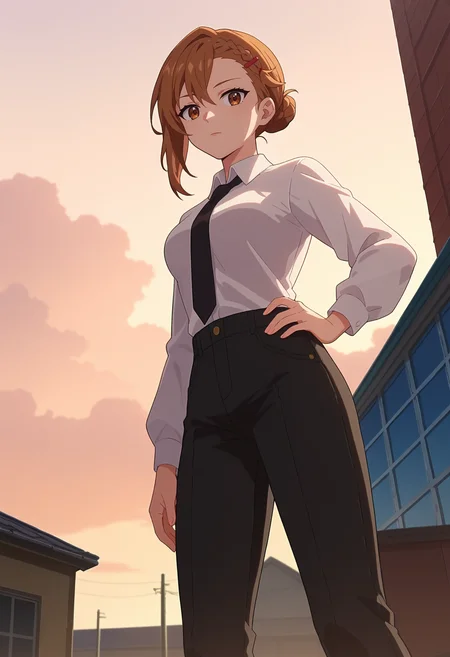 score_9, score_8_up, score_7_up, anime screencap, source_anime, 1girl, solo,
<lora:Sayuri_Hanayori_Seraph_of_the_End_V1:.85>, KJOsayuri, brown hair, brown eyes, braid, hair bun, hairclip,
White collared shirt, black necktie, black pants, long sleeves,
standing, hand on own hip, from below, looking at viewer,
rooftop,
(Beautiful, medium Breasts:1.2),