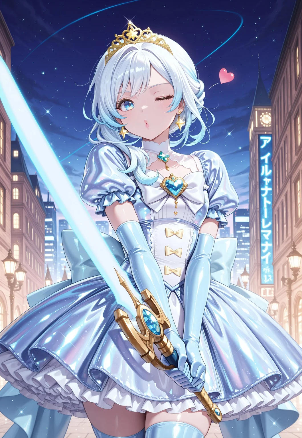 1girl, lyarah, blue eyes, white hair, blue hair tips, long hair, multicolored hair, gradient hair, blue tips, masterpiece, best quality, absurdres,
(pastel colors, pastel cyan, pastel blue), pastel blue magical girl, padded magical girl dress, kawaii, frilled skirt, thighhighs, pastel cyan dress, multilayered dress, tuku, petticoat, padded dress, puffy short sleeves, elbow gloves, gold tiara, gem brooch, large bow, ribbons, lace trim, frills, latex, shiny clothes, sparkles, glitter, star earrings, rainbow accessories, jewelry,
lipgloss, eyelashes, light blush, light makeup,
outdoors, city, night,
solo, from side, cowboy shot, fighting stance, wink, one eye closed, blowing kiss, heart, (sword guard stance), two-handed, holding sword, energy sword, huge weapon,
intricate, highly detailed, majestic, shallow depth of field, movie still, circular polarizer, light reflections, light particles, particles