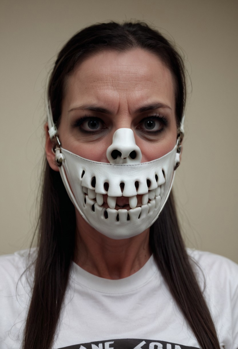 wearing gag, gagged, g4g, heavy white leather muzzle gag with a mouth in black like a skeleton, 40 year old woman, (long brunette hair), ponytail, wearing a skeleton T shirt