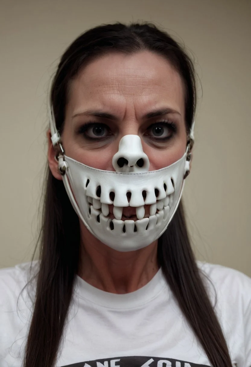 wearing gag, gagged, g4g, heavy white leather muzzle gag with a mouth in black like a skeleton, 40 year old woman, (long brunette hair), ponytail, wearing a skeleton T shirt