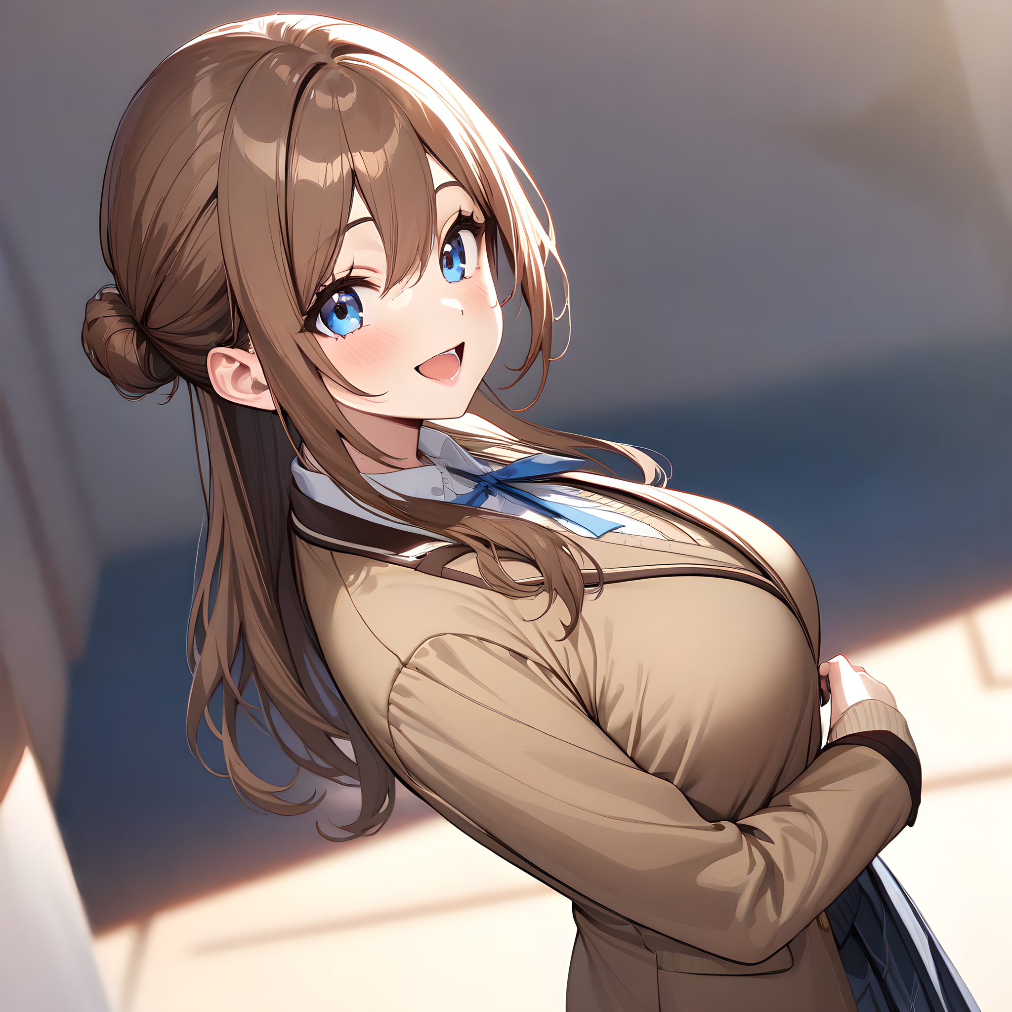 (masterpiece),(best quality),(ultra-detailed),(best illustration),(best shadow),(absurdres),(detailed background),(very aesthetic),  himesaki_rinami, 1girl, solo, jacket, breasts, blue eyes, school uniform, large breasts, looking at viewer, open mouth, long hair, shirt, brown hair, school background, blazer, smile, side hair bun,  <lora:XL-HimesakiRinami:1>