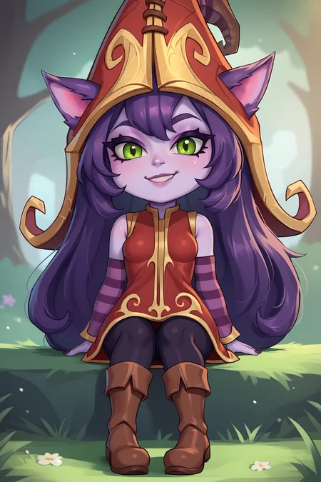 score_9, score_8_up, score_7_up, score_6_up, BREAK, LuluLoLXLv2, purple skin, colored skin, shortstack, yordle, green eyes, purple hair, long hair, sidelocks, bangs, animal ears, witch hat, ears through headwear, small breasts, red dress, purple striped sleeves, black pants, brown boots, solo, full body, sitting, bellow view, feet focus, looking at viewer, seductive smile, forest <lora:LuluLoLXLv2:1>