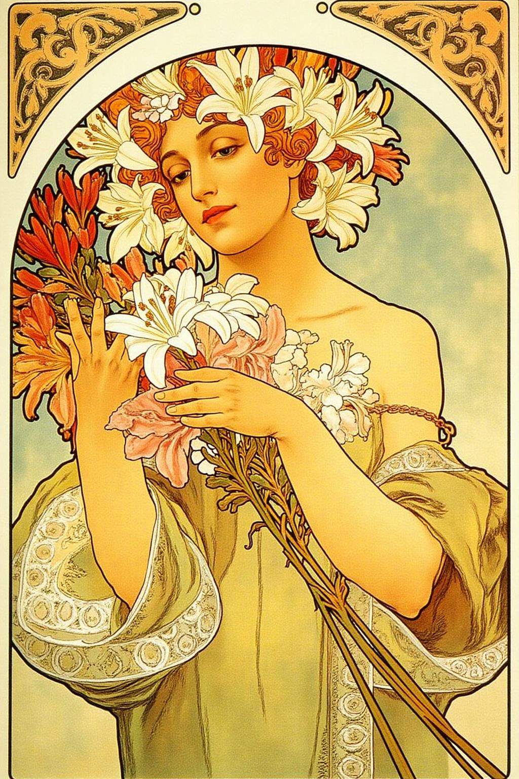 mucha1 illustration
A woman with a serene, ethereal appearance. She is depicted with a delicate, almost ethereal quality. The woman has a light, ethereal complexion and short, curly hair adorned with an elaborate crown of large, white lilies and other flowers in shades of white, cream, and pale pink. Her eyes are closed, giving her a contemplative expression. <lora:mucha1_cap_d6a3e11:1.0><lora:822878088808392253:0>