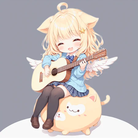 white background,semilong wavy blonde hair,angel wing,Angel Halo,full body,(school uniform:1.2),black thighhighs,cute,cat ears, white background,play the guitar,