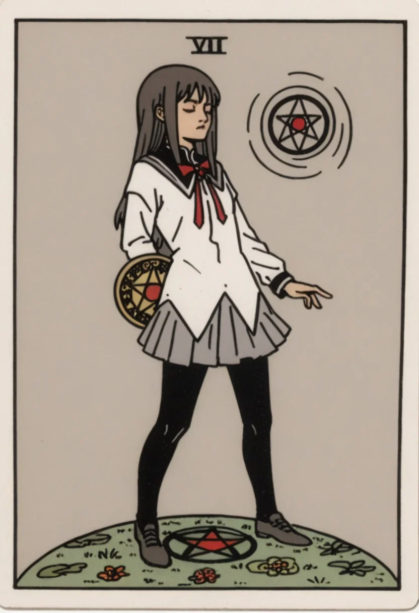 score_9, score_8_up, score_7_up,
muted colors, high contrast, whimsical, detailed, high-definition, intricate details,
solo, 1girl, full body,
Homura Akemi, short skirt, black tights, shield, white shirt, gray skirt,
magical girl,
(magic:0.8), (occult:0.8), (symbolism:0.8), (mystic:0.8), (occultism:0.8),
tarot, "sayaka"