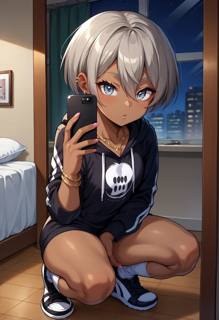 score_9, score_8_up,score_7_up, source_anime, 1girl, solo, <lora:EPpkBea:1>, short hair, grey hair, dark-skinned female, dark skin, hair between eyes, grey eyes, Saitou, necklace, ear piercing, black hoodie, white socks, kneehighs, sneakers, black sneakers, squatting, selfie, taking picture, mirror selfie, bedroom, bed, mirror, at a dark room, at night , city view from the window, gyaru,