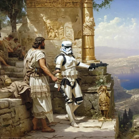 Painting of star wars detailed stormtrooper in ancient Greece, style of ancient acadamic mythological by Henryk Siemiradzki <lora:Acdemical_paintings_of_Henryk_Siemiradzki:1>