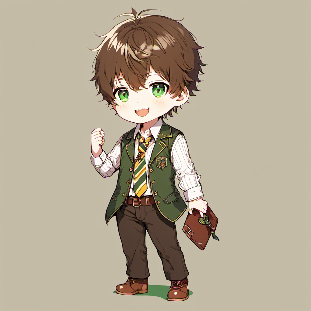 1boy, virtual youtuber, male focus, solo, green jacket, jacket, brown footwear, necktie, brown vest, green eyes, pants, full body, brown hair, yellow necktie, shirt, white background, hair over one eye, vest, smile, looking at viewer, shoes, sleeves rolled up, mole, collared shirt, standing, simple background, black pants, white shirt, closed mouth, bangs, striped, one eye covered, brown pants<lora:chibi_anime-000005:1>