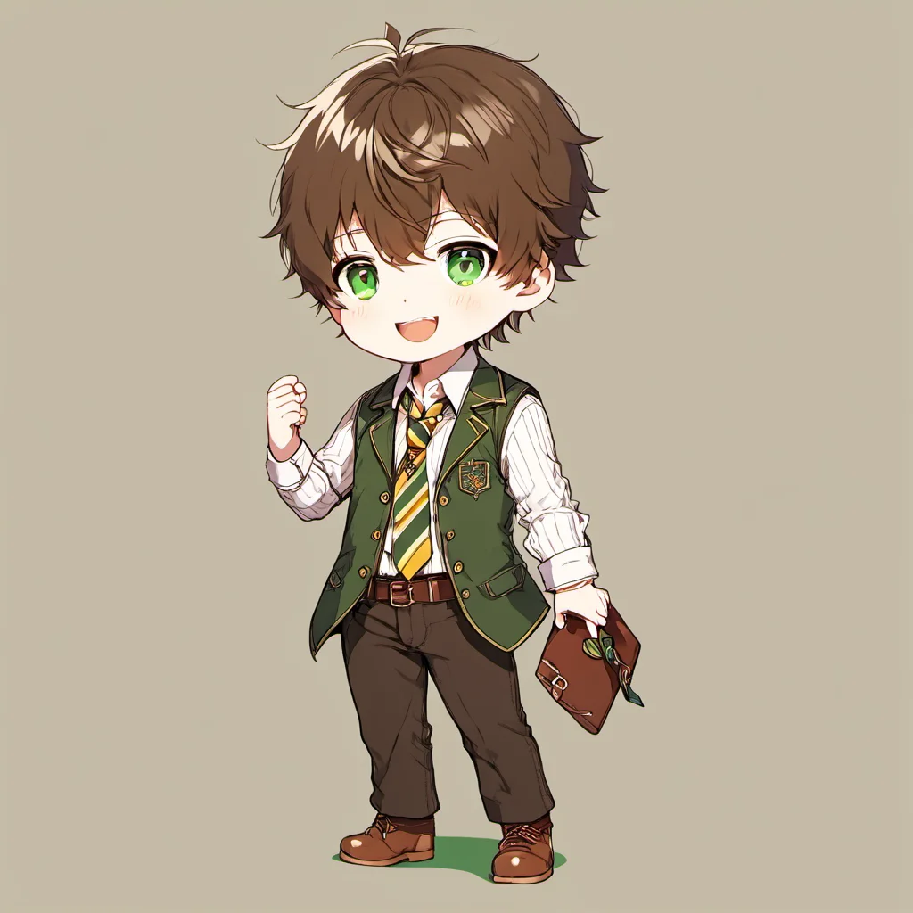 1boy, virtual youtuber, male focus, solo, green jacket, jacket, brown footwear, necktie, brown vest, green eyes, pants, full body, brown hair, yellow necktie, shirt, white background, hair over one eye, vest, smile, looking at viewer, shoes, sleeves rolled up, mole, collared shirt, standing, simple background, black pants, white shirt, closed mouth, bangs, striped, one eye covered, brown pants<lora:chibi_anime-000005:1>