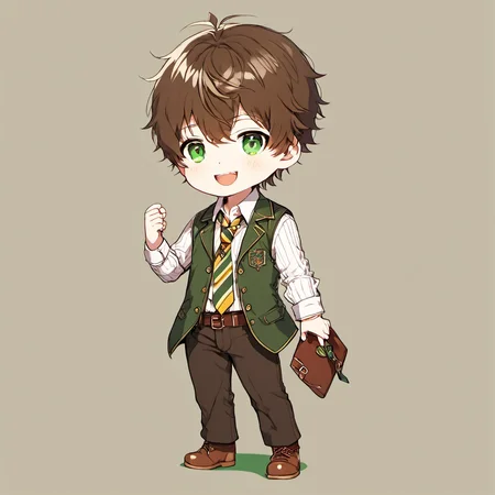 1boy, virtual youtuber, male focus, solo, green jacket, jacket, brown footwear, necktie, brown vest, green eyes, pants, full body, brown hair, yellow necktie, shirt, white background, hair over one eye, vest, smile, looking at viewer, shoes, sleeves rolled up, mole, collared shirt, standing, simple background, black pants, white shirt, closed mouth, bangs, striped, one eye covered, brown pants<lora:chibi_anime-000005:1>
