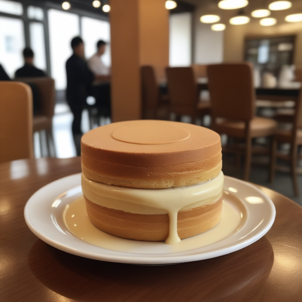 A photorealistic image of a 'ufocake' placed on a plate in a luxurious coffee shop setting. The cake should be freshly cut, revealing a rich, gooey creamy center that has a gelatinous consistency. The ambiance of the coffee shop should exude elegance, with soft lighting, plush seating, and sophisticated decor. The plate holding the 'ufocake' should be finely crafted, complementing the lavishness of the dessert. The cross-section of the cake should be prominently displayed, showcasing the thick and sticky texture of the filling,<lora:ufocake:0.65>,((ufocake open))