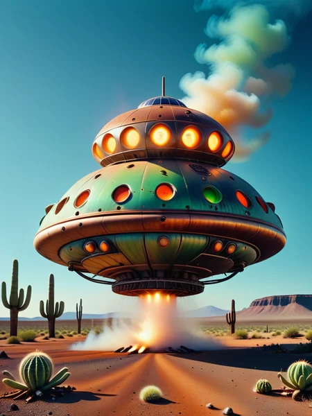 [photo focus on  robopop 1flying saucer , hovering, exhaust smoke, , desert, alien succulents and cactus
 <lora:Robopop:0.75>, film, professional, 4k, highly detailed, absurdres, detailed, macro details, 8k, hyper realistic, texture surface details] logo in grafitti style font, key visual, hdr, simple background, by, form, orange green red blue theme