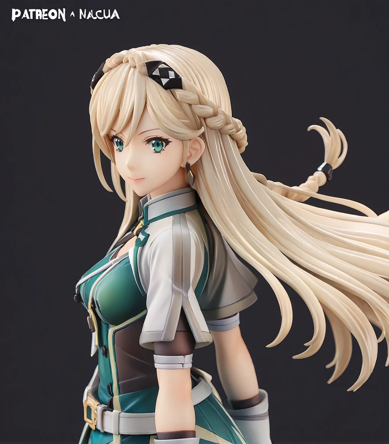 score_9, score_8_up, score_7_up, score_6_up, score_5_up, score_4_up, BREAK source_anime,
1girl, solo, <lora:ElaineAuclairKuro1:0.9> Elaine Auclair, aqua eyes, blonde hair, long hair, braid, hair ornament, medium breasts, earrings, green dress, short sleeves, white sleeves, gloves, belt, thighhighs, white thighhigh boots, white boots, high heels,
simple background, black background, upper body, portrait, smile,