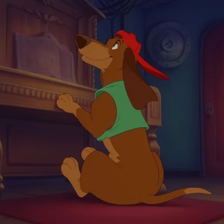 masterpiece, best quality, amazing quality, ItchyItchifordil, feral, male, Dachshund, brown fur, long ears, green shirt, sleeveless, red hat, sitting, inside,