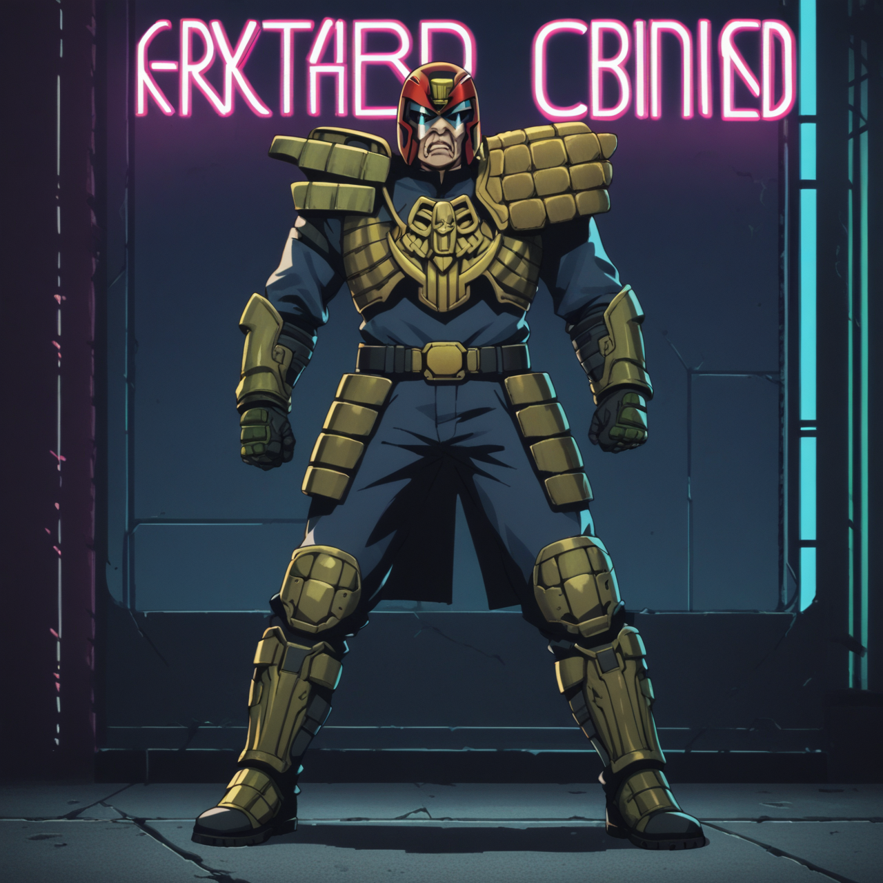 score_9,score_8_up,score_7_up,score_6_up,score_5_up,score_4_up,source_anime BREAK judge dredd,armor,helmet,scowling,black visor,full body shot,<lora:Judge_Dredd_Comic_Style_v2_Pony_SDXL:0.8>,cover art,cyberpunk city,dark city,neon lights,