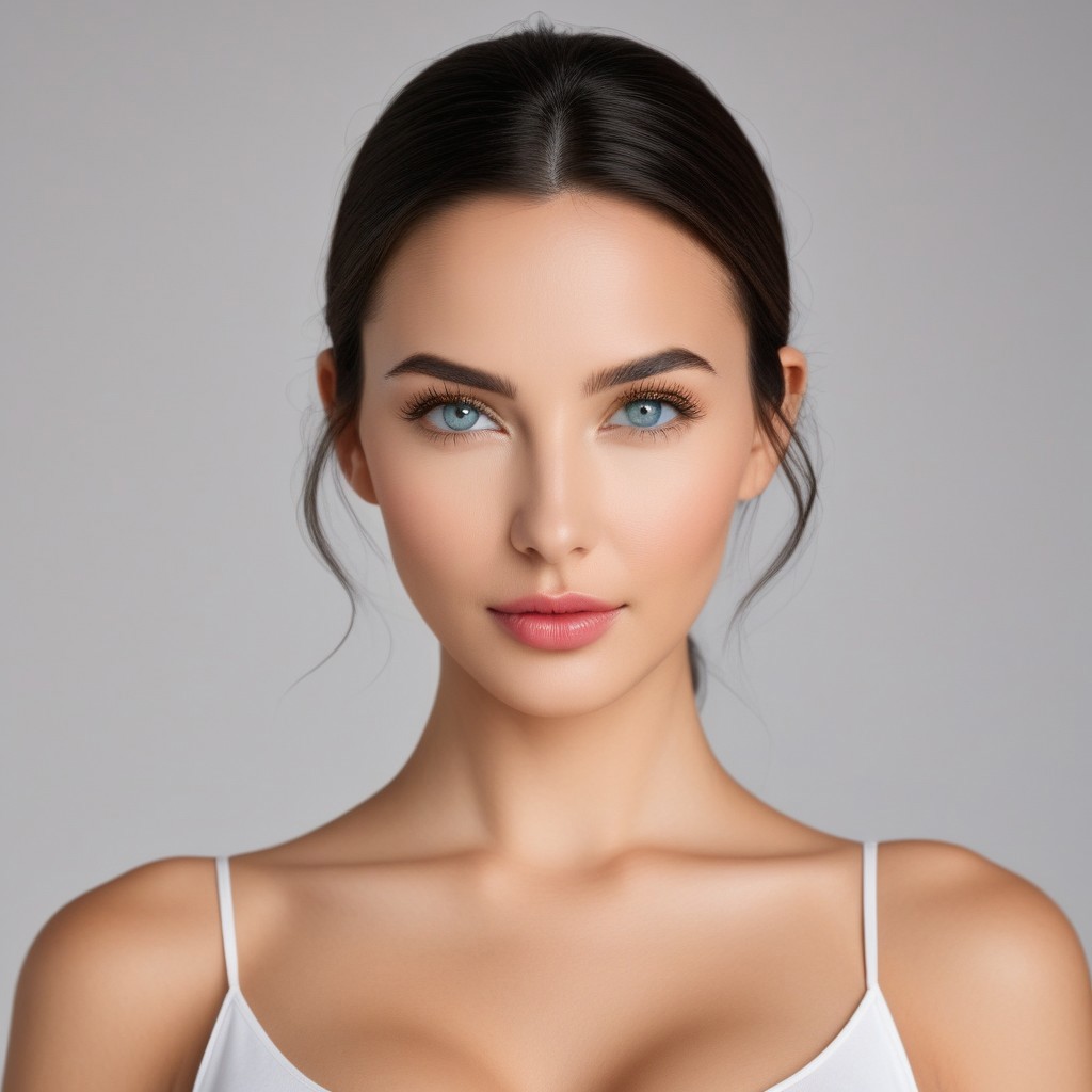 score_9, score_8_up, score_7_up, score_6_up, score_5_up, score_4_up, zaralin, zara, Expressiveh, real skin, beautiful, high res image, detailed eyes, Beautiful eyes. Perfect pupils, high gradient eyes, high definition eyes, environmental lighting, perfect eyes, perfect hands, five finger, no extra hands and finger, black hair, high ponytail, grey eyes, vieny breast, big breasts, standing, white background, white tank top, empty background, framed head to cleavage, closeup, look straight