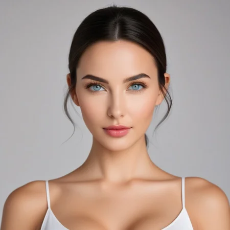 score_9, score_8_up, score_7_up, score_6_up, score_5_up, score_4_up, zaralin, zara, Expressiveh, real skin, beautiful, high res image, detailed eyes, Beautiful eyes. Perfect pupils, high gradient eyes, high definition eyes, environmental lighting, perfect eyes, perfect hands, five finger, no extra hands and finger, black hair, high ponytail, grey eyes, vieny breast, big breasts, standing, white background, white tank top, empty background, framed head to cleavage, closeup, look straight