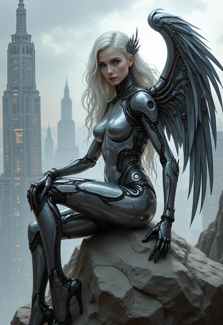 , Cyberpunk-inspired art style:
A towering cyborg woman, "Nebula", sits poised on a colossal light gray rock, her metallic form glowing with an ethereal sheen. Her flowing white hair cascades down her back like a river of starlight, while her pale skin and pink lips seem almost luminescent in the dim glow. Her expressive eyes gleam like polished obsidian, radiating an air of mystery.
Mechanical components weave together to form a majestic wing-like structure, adorned with visible joints, bolts, gears, circuitry, and tubes that appear to be humming with energy. The atmospheric lighting casts subtle shadows across her metallic body, accentuating the intricate details of her cybernetic enhancements.
In the background, a distant cityscape looms, its towering skyscrapers and neon lights softly glowing like a mirage on the horizon. Nebula's presence seems to hold the scene in suspension, as if she is about to take flight or unleash some hidden power. The overall mood is one of dark fantasy wonder, with an air of cinematic grandeur that draws the viewer in.