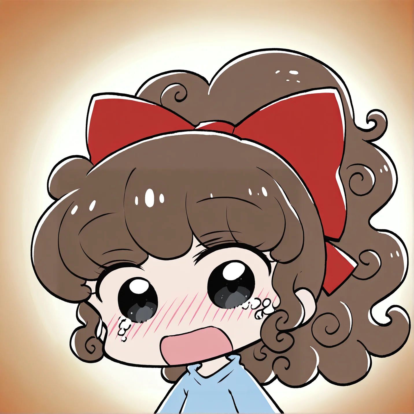 1girl, solo, parody, chibi, liz_love, ponytail, surprised, blush, tears, long hair, brown hair, black eyes, curly hair, ribbon, blue shirt, long sleeves <lora:suzie_illus:0.8> <lora:liz_love:1>, masterpiece, best quality, amazing quality, very aesthetic, absurdres, highres, newest