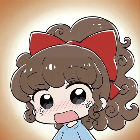 1girl, solo, parody, chibi, liz_love, ponytail, surprised, blush, tears, long hair, brown hair, black eyes, curly hair, ribbon, blue shirt, long sleeves <lora:suzie_illus:0.8> <lora:liz_love:1>, masterpiece, best quality, amazing quality, very aesthetic, absurdres, highres, newest